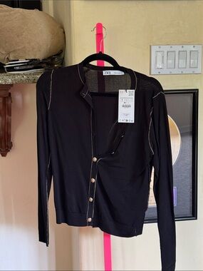 Zara Black Cardigan with Cream Contrast Stitching NWT SZ SMALL
